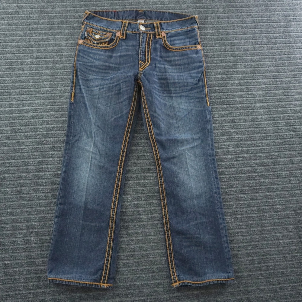 True Religion Straight Flap Jeans Mens 33 Blue Rope Stitch Contrast Pocket